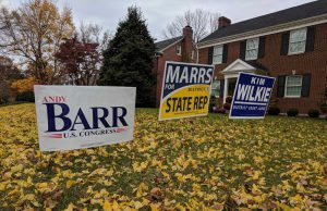 3 political yard signs with yellow leaves in the grass and a house in the background