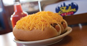Skyline Chili: hotdog with shredded cheese and chili