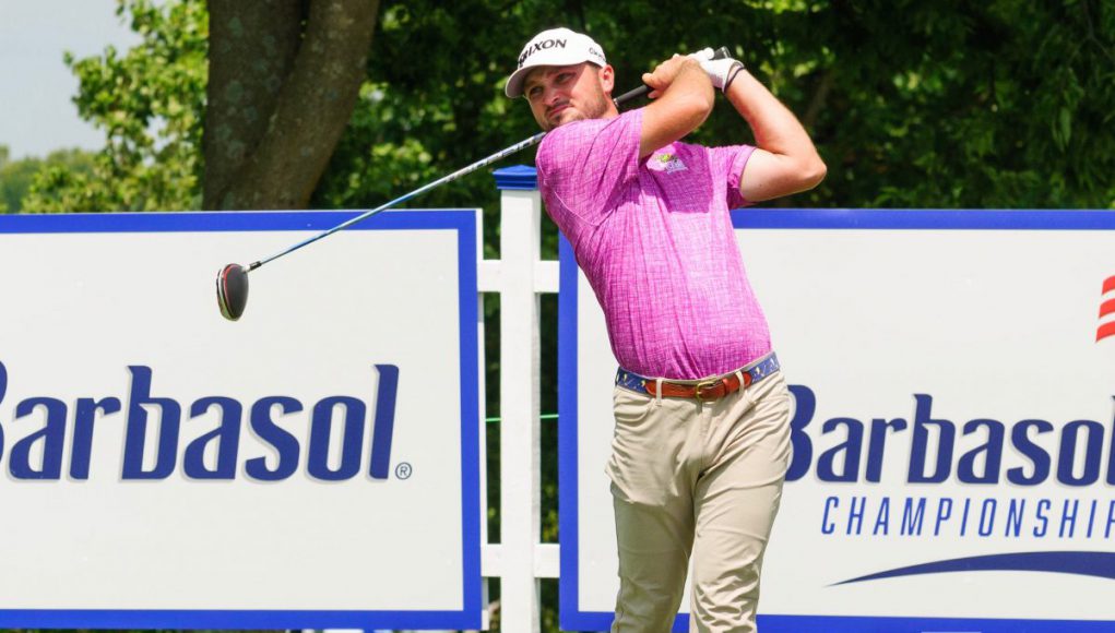 Barbasol: a golfer in a pink shirt swinging a club
