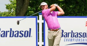 Barbasol: a golfer in a pink shirt swinging a club