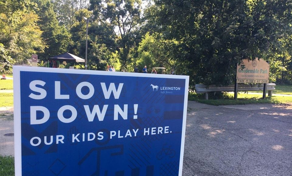 political yard sign turned slow down sign